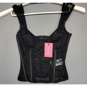 Edikted Corset Top Womens XS Black Lace Bustier Boned Hook Eye Crop Lingerie New